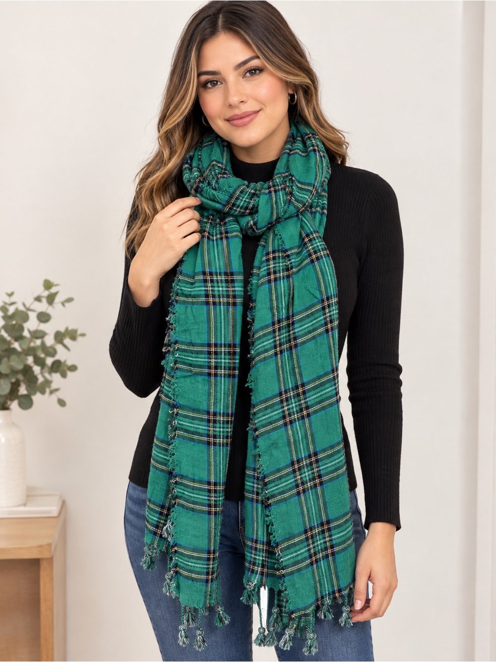 C Green Plaid Fringe Wrap Scarf